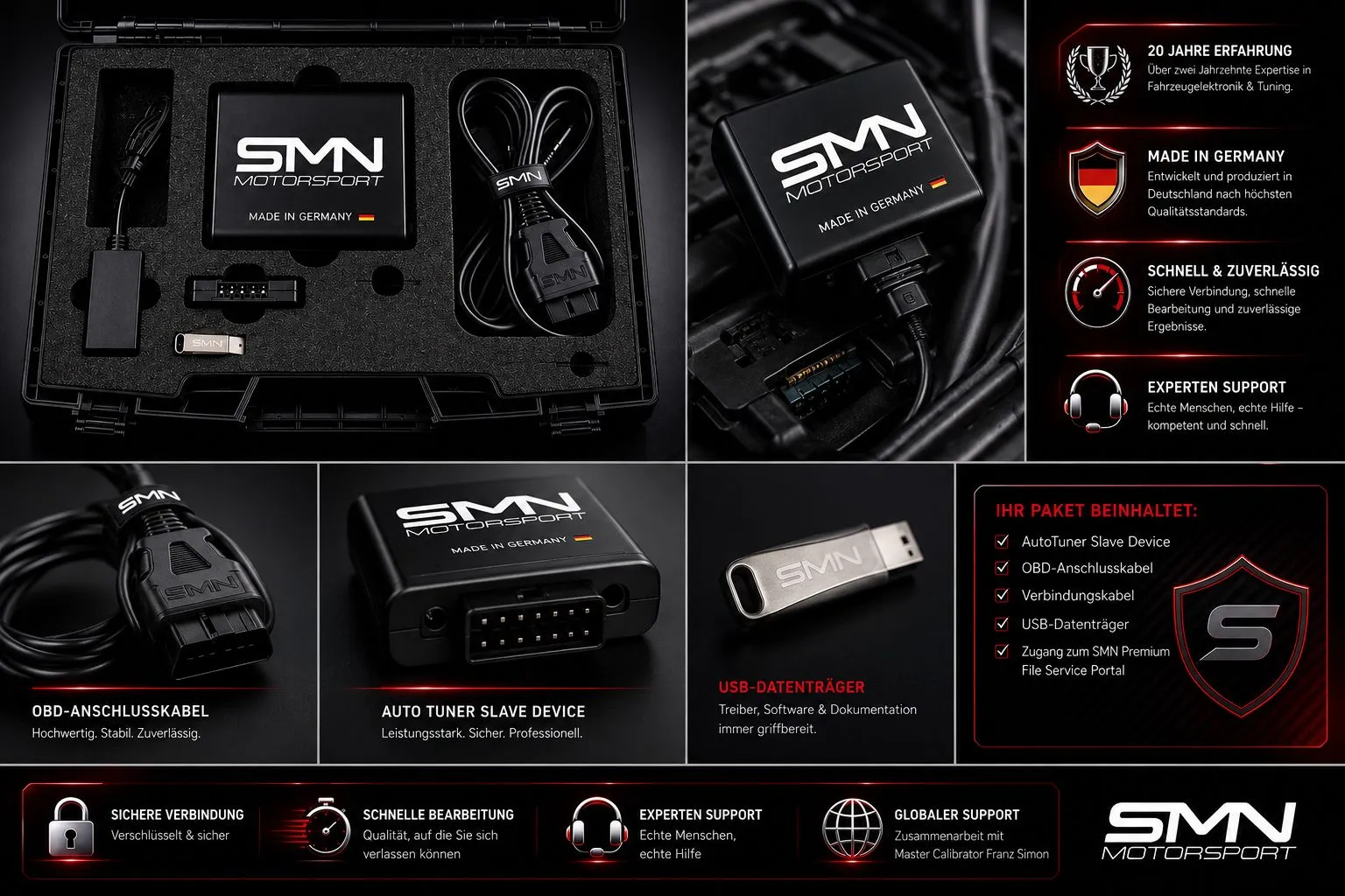 Scope of delivery of the SMN Autotuner Slave Tool: slave device, OBD connection cable, connection cable and USB storage device