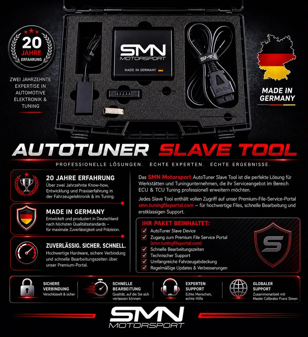 SMN Autotuner Slave Tool in its case with cables and USB stick, with an overview of the benefits below